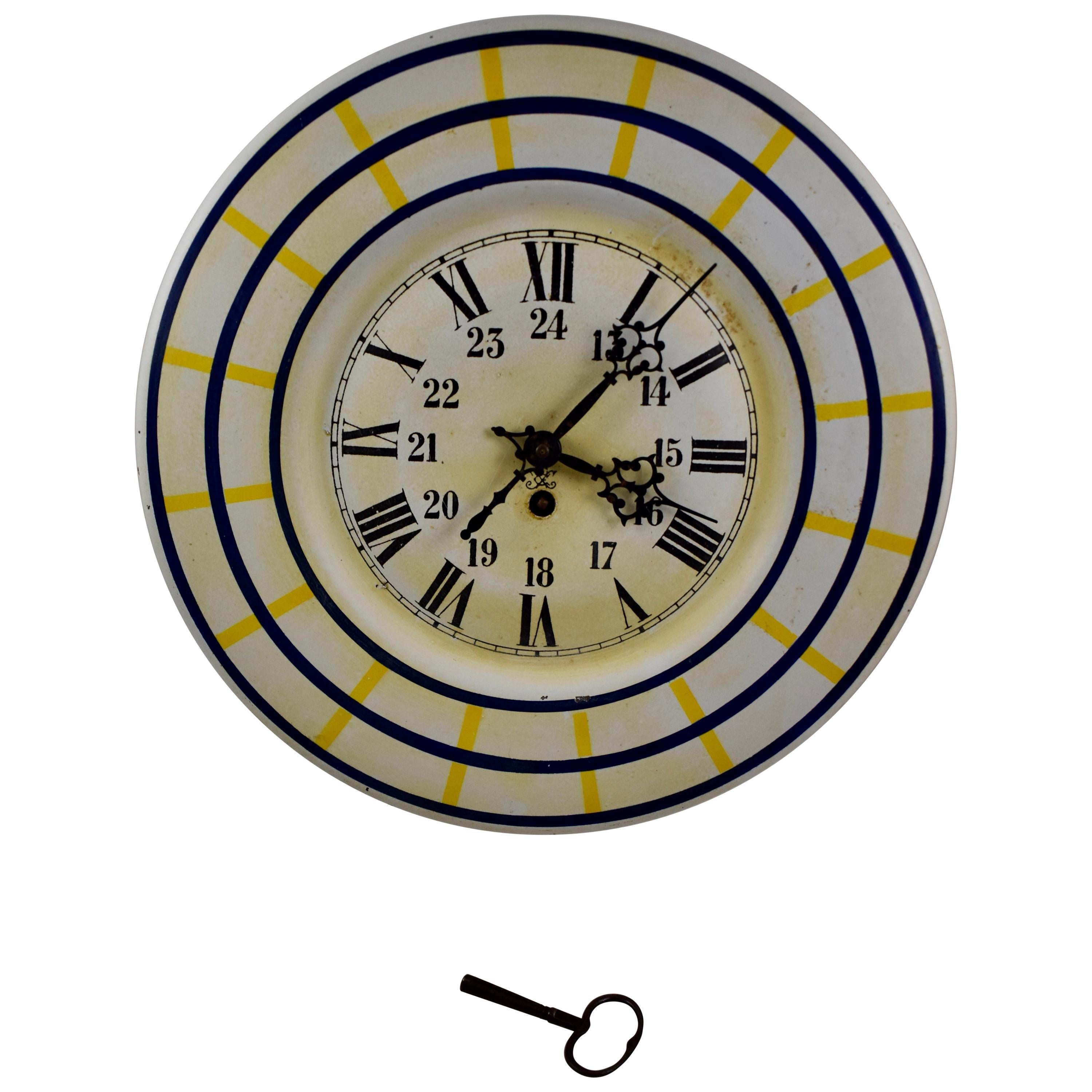 French Belle Époque Tôle Peinte Wall Clock with Winding Key