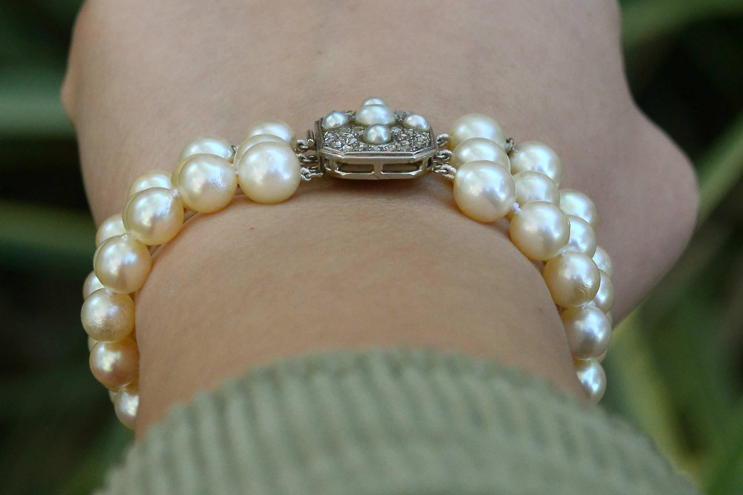 Edwardian Antique French Belle Époque 3 Strand Pearl & Diamond Bracelet