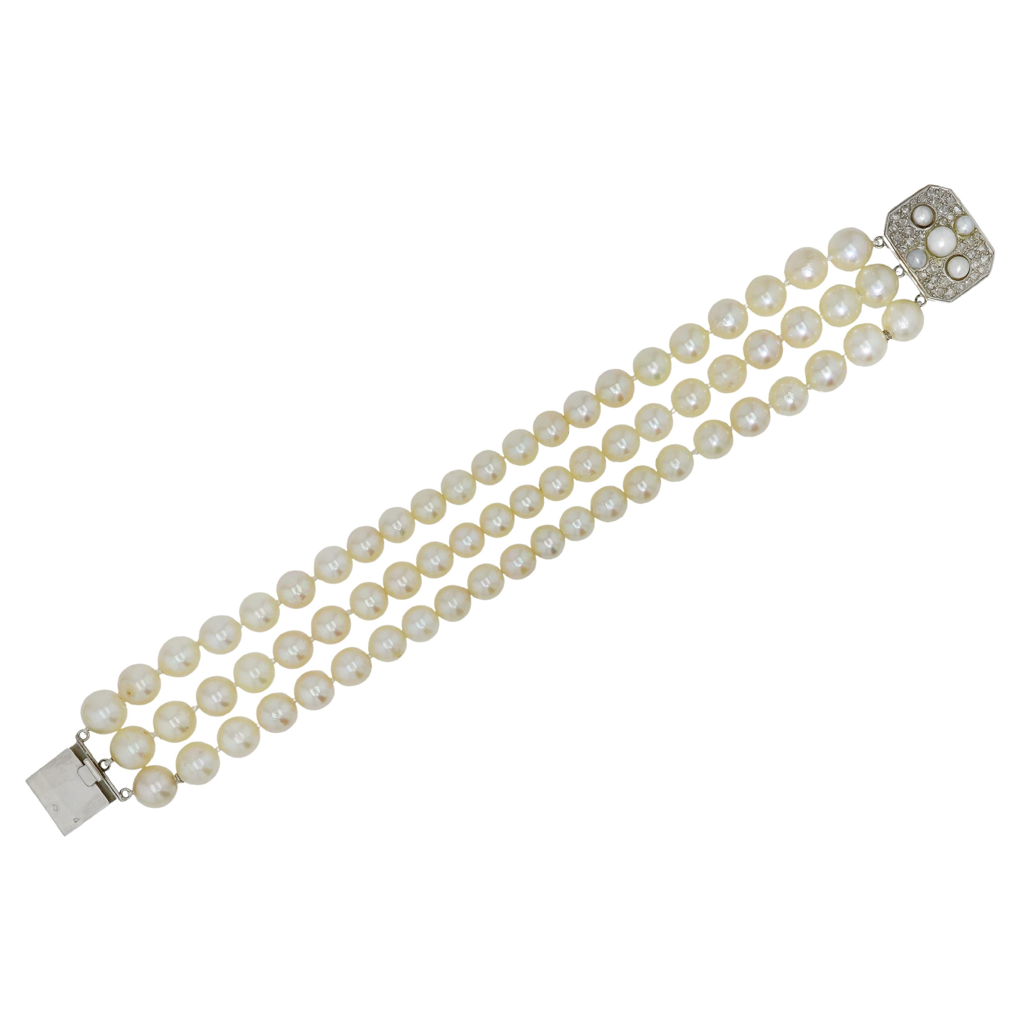 French Belle Époque Triple Strand Pearl & Diamond Bracelet
