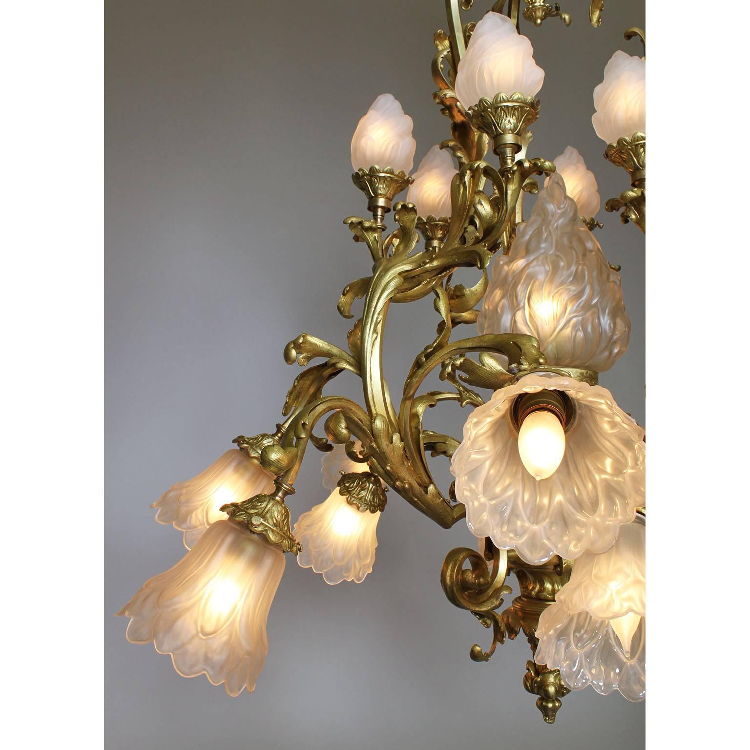 French Belle Époque Rococo Style Gilt-Bronze and Frosted Glass Shades Chandelier In Fair Condition For Sale In Los Angeles, CA