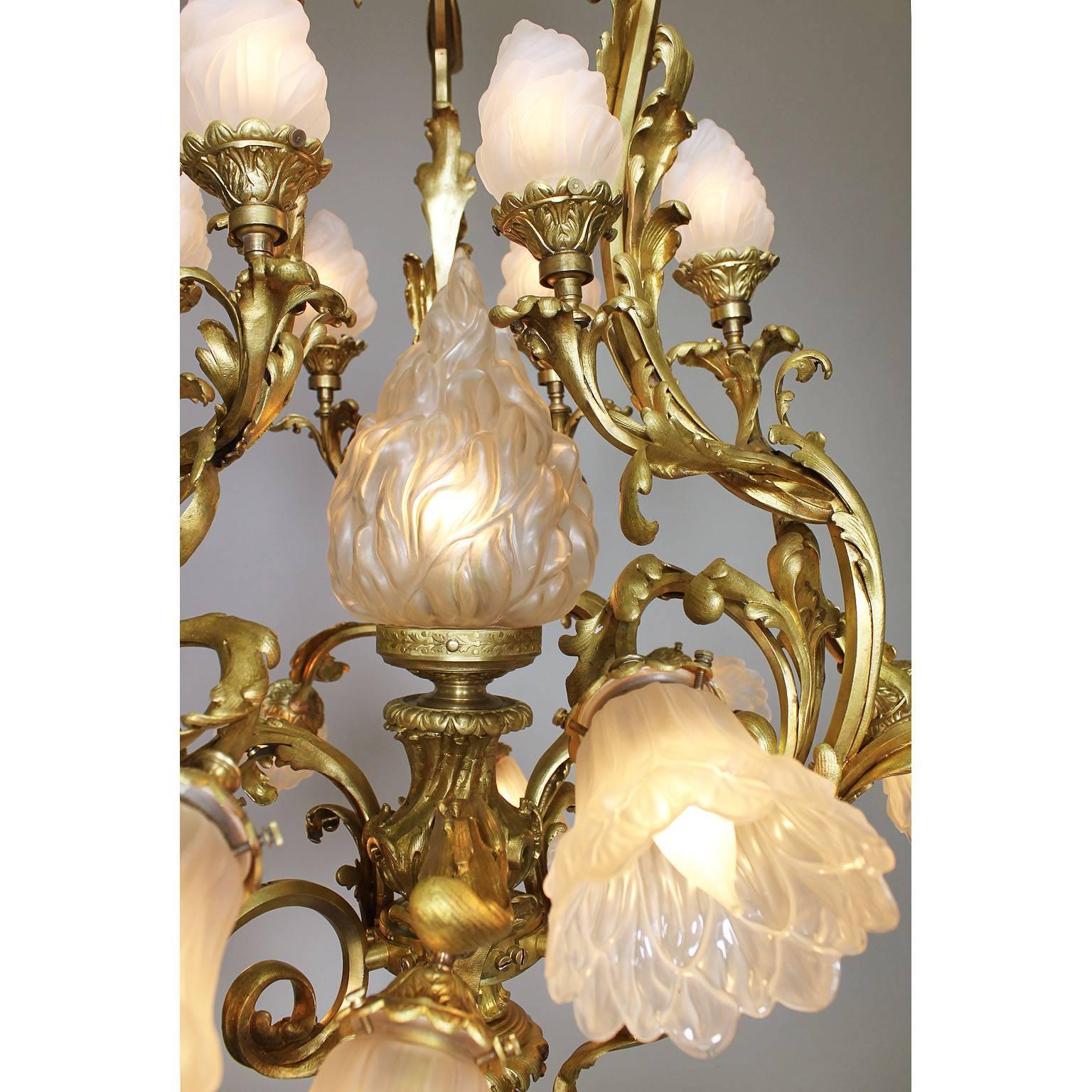 Brass French Belle Époque Rococo Style Gilt-Bronze and Frosted Glass Shades Chandelier For Sale