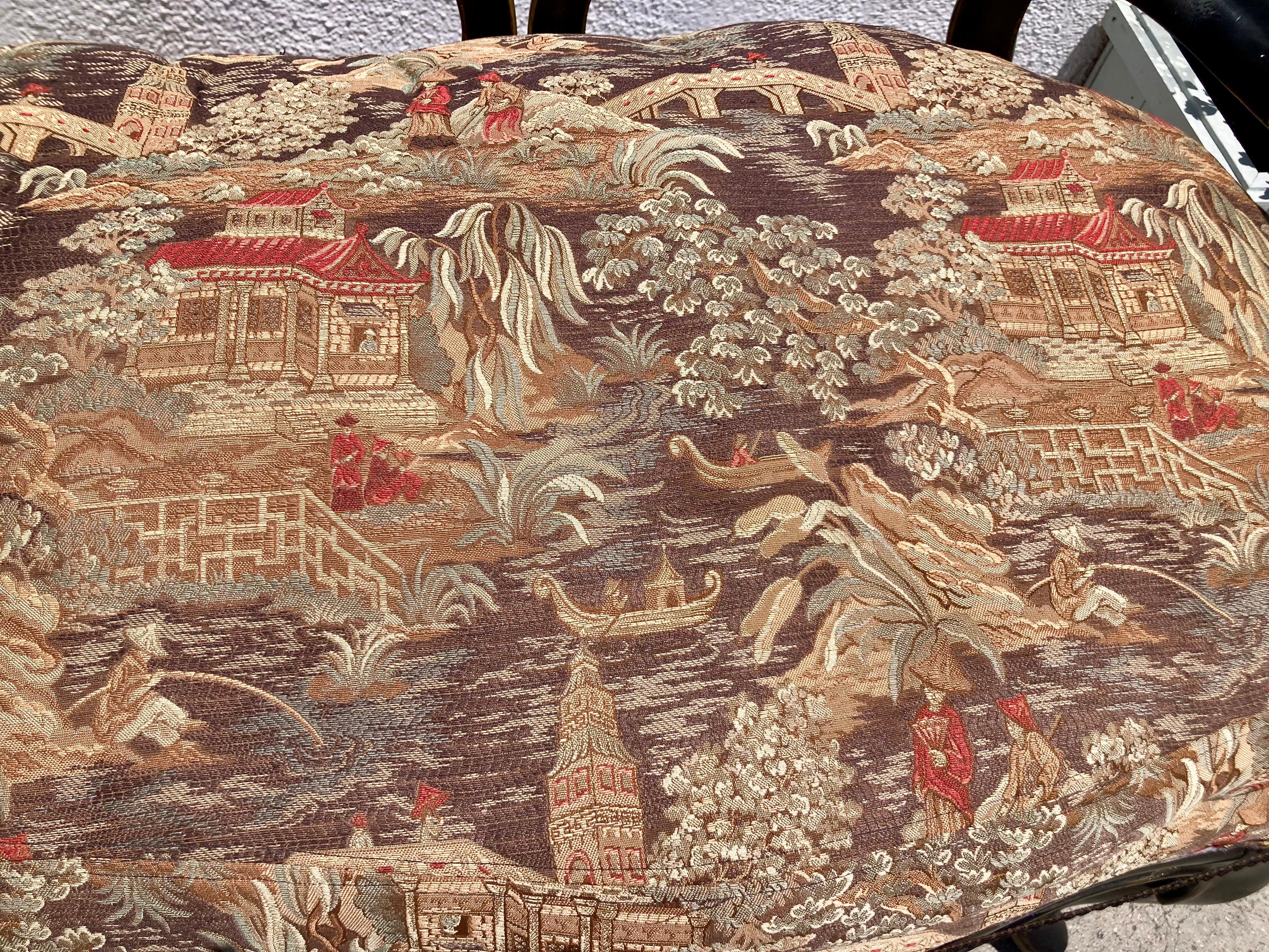 French Bench Painted Noir and Chinoiserie Upholstery For Sale 6