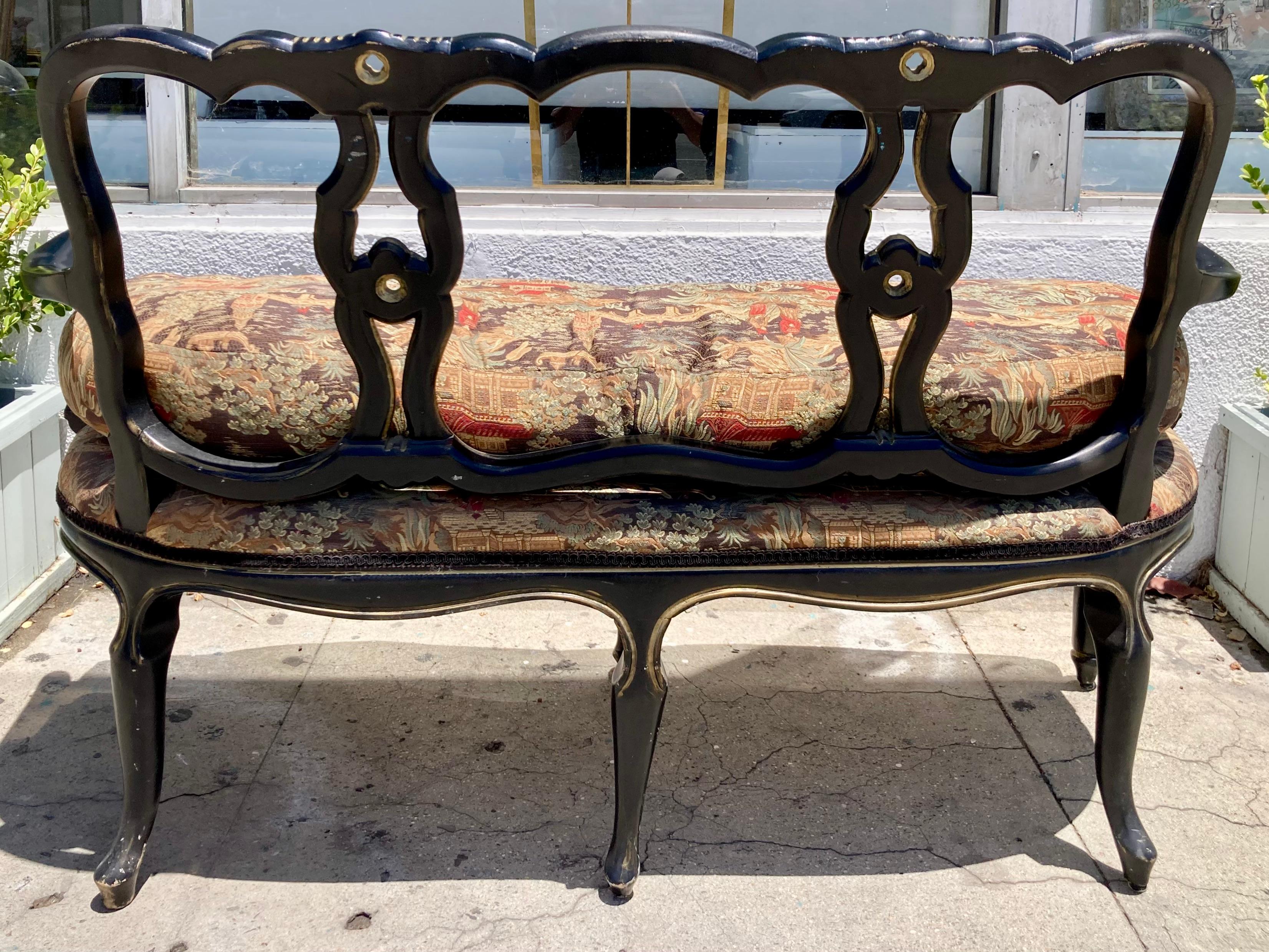 French Bench Painted Noir and Chinoiserie Upholstery For Sale 3