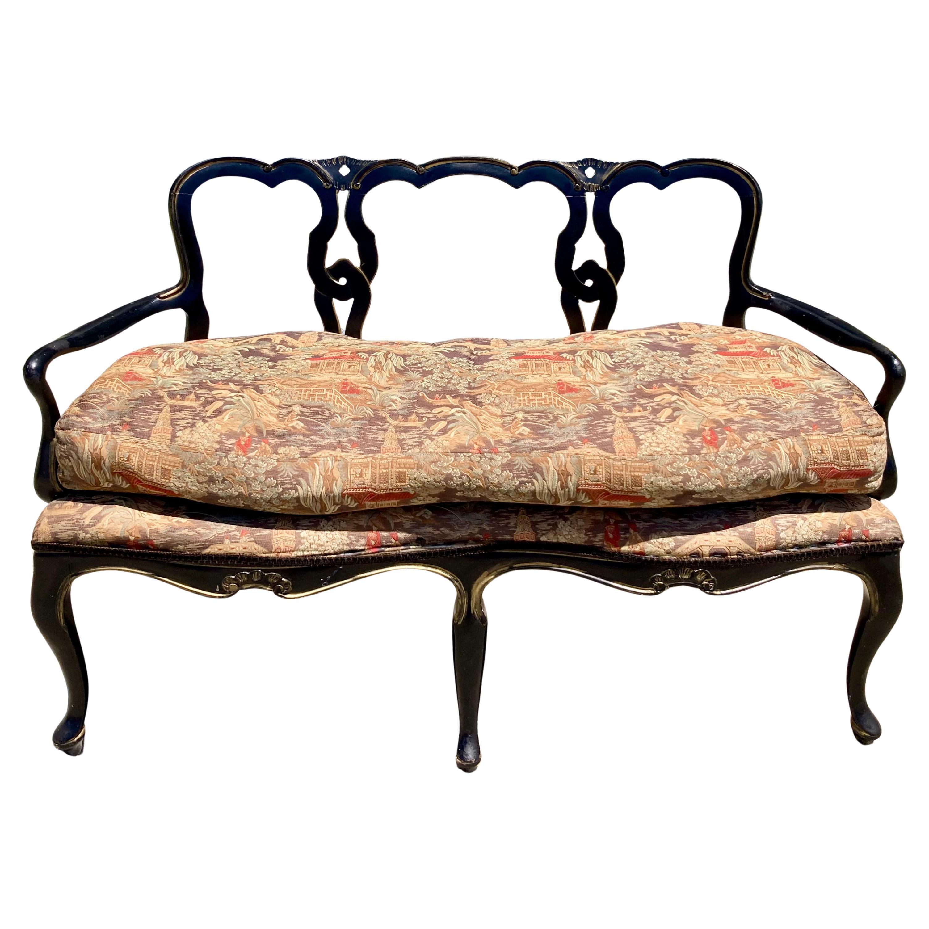 French Bench Painted Noir and Chinoiserie Upholstery For Sale