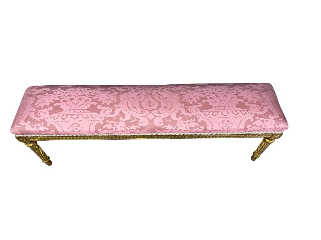 Carved French Bench with Gilded Legs and Pink Fortuny Fabric