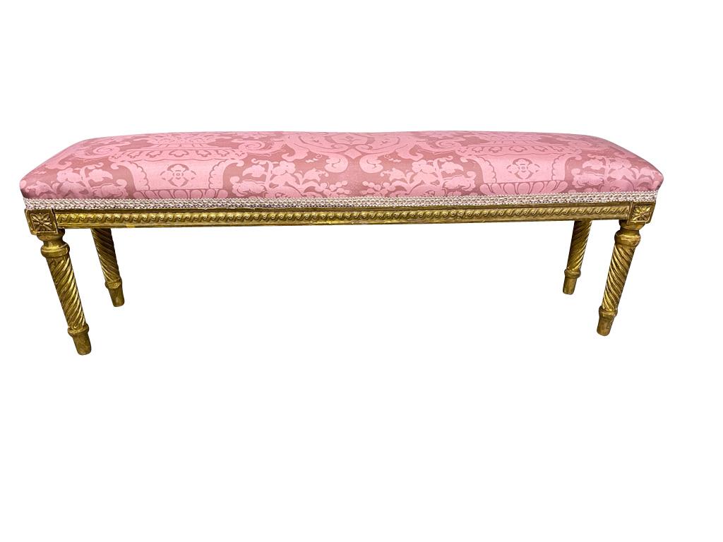 French Bench with Gilded Legs and Pink Fortuny Fabric In Good Condition In Essex, MA