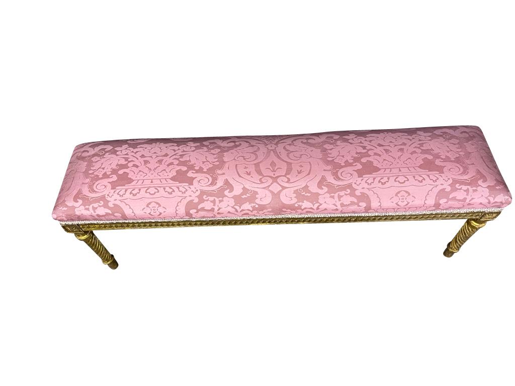 Mid-20th Century French Bench with Gilded Legs and Pink Fortuny Fabric