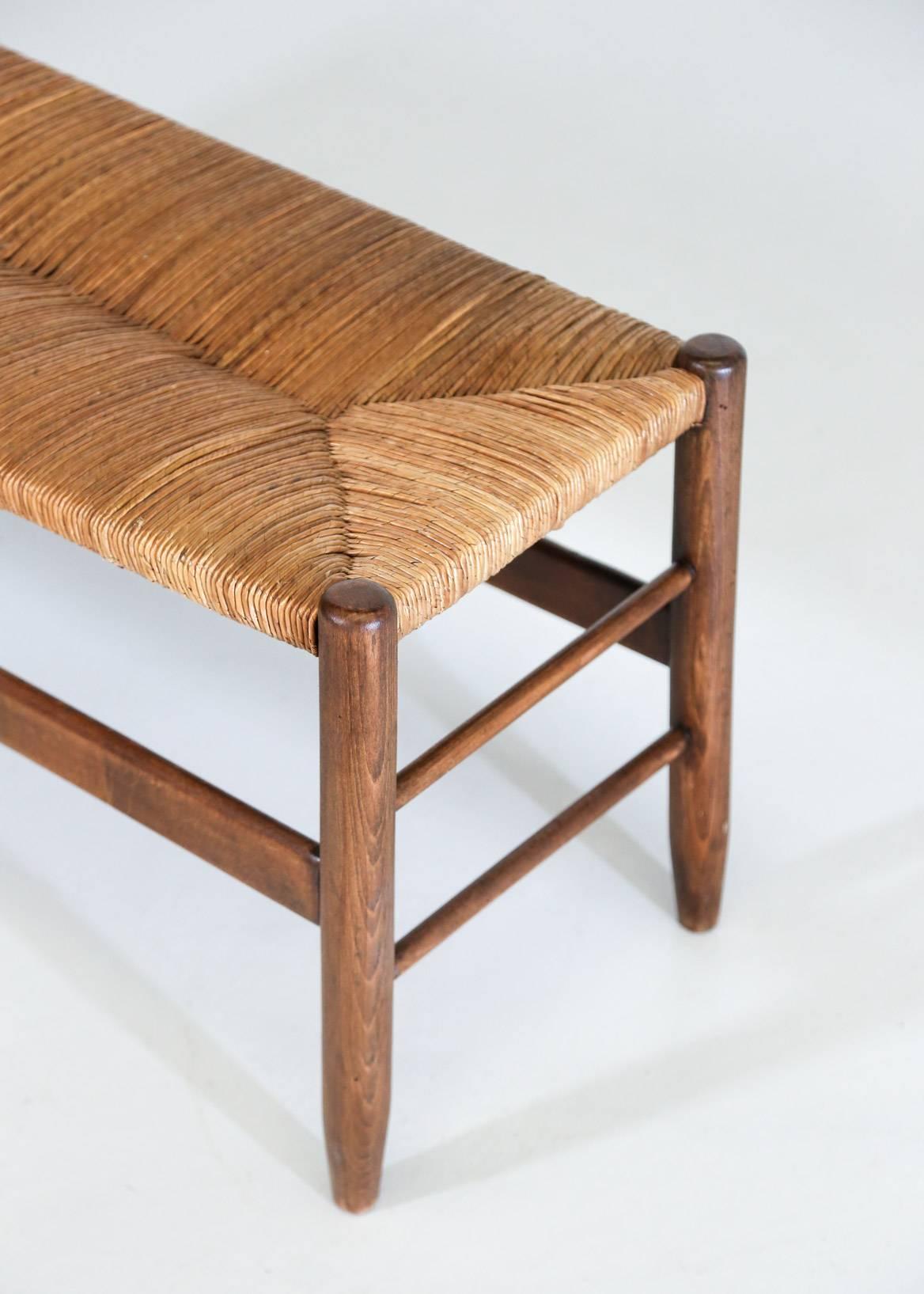French Bench, Woven Rush Seat, 1950 In Good Condition In Lyon, FR