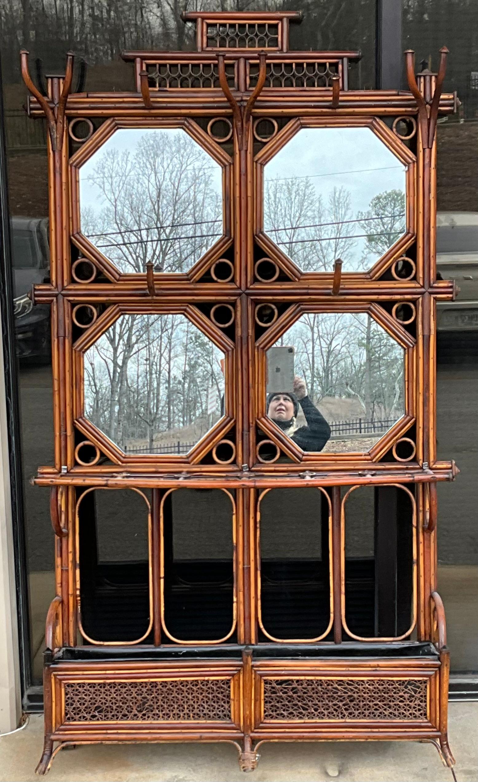 French Bent Bamboo Mirror & Cane Hall Tree / Umbrella Stand / Coat Rack  In Good Condition For Sale In Kennesaw, GA