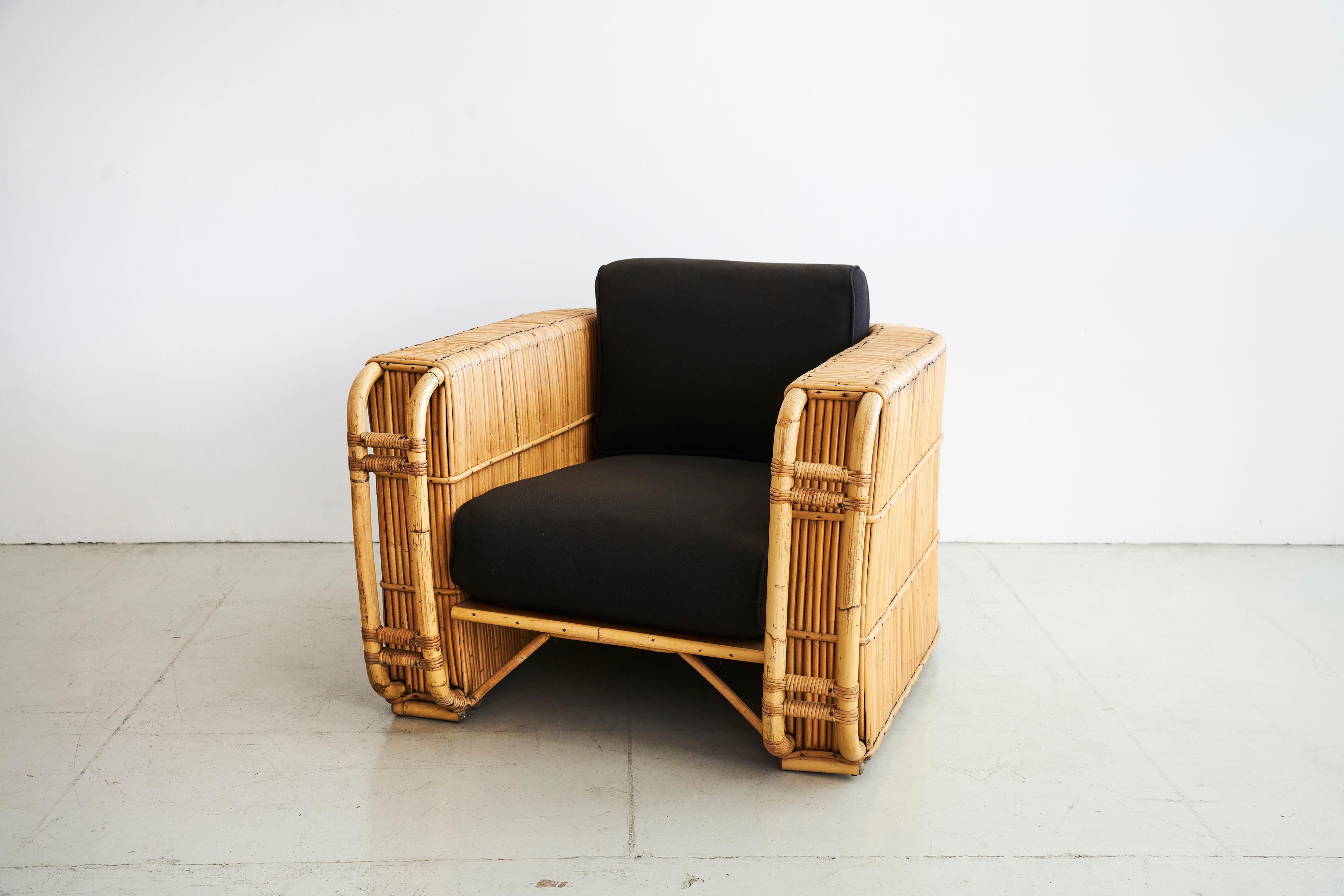 Incredible large scale French club chairs in bentwood and reed rattan. 
Unique cube shape with black upholstery.