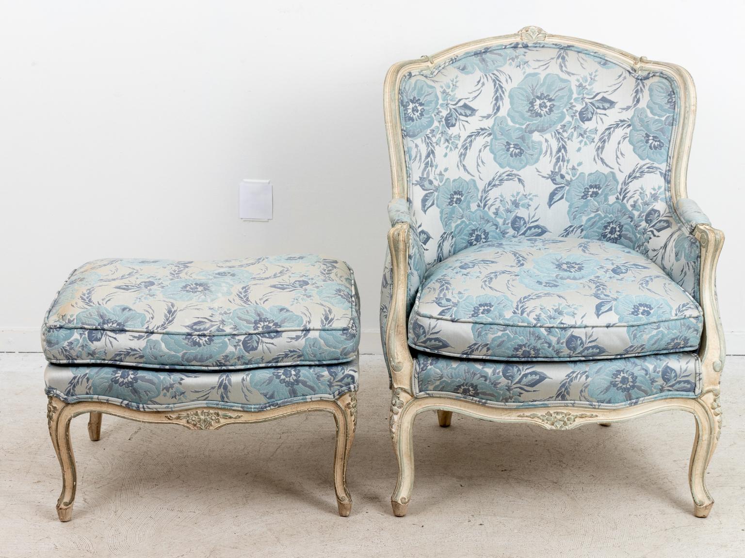 Wood French Bergère Armchair and Ottoman