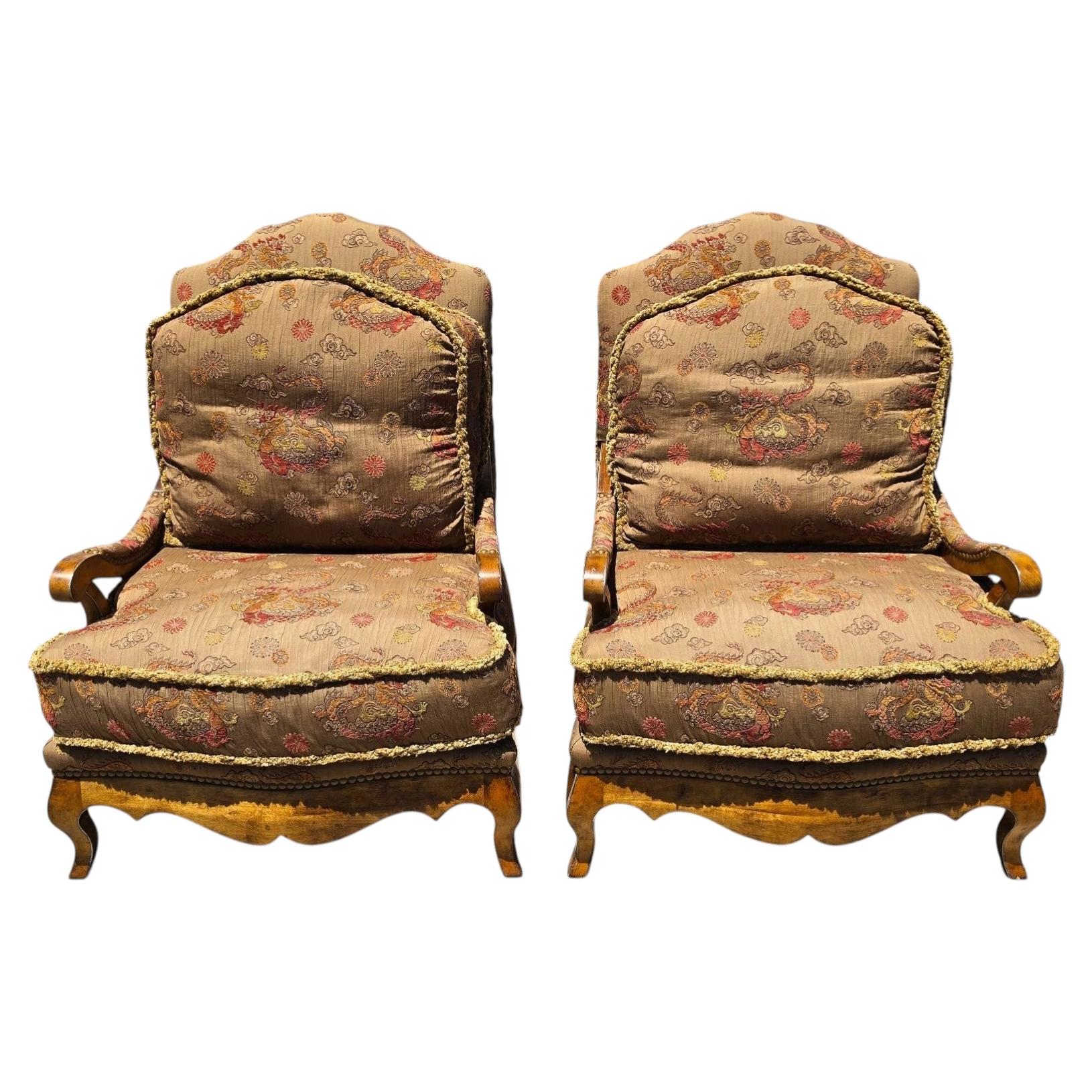 French Bergère Armchairs Chinoiserie Fabric Down Cushions by Classics Furniture For Sale