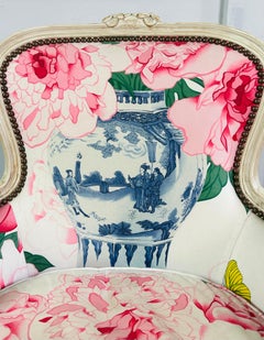 French Bergere cabriolet armchair pink white and blue Louis XV style - France