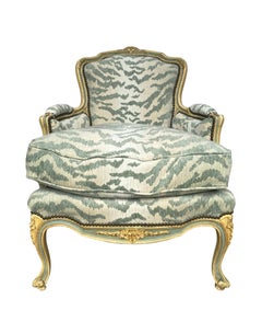 French Bergère Chair, Carved and Painted in Ivory and Celadon Newly Upholstered