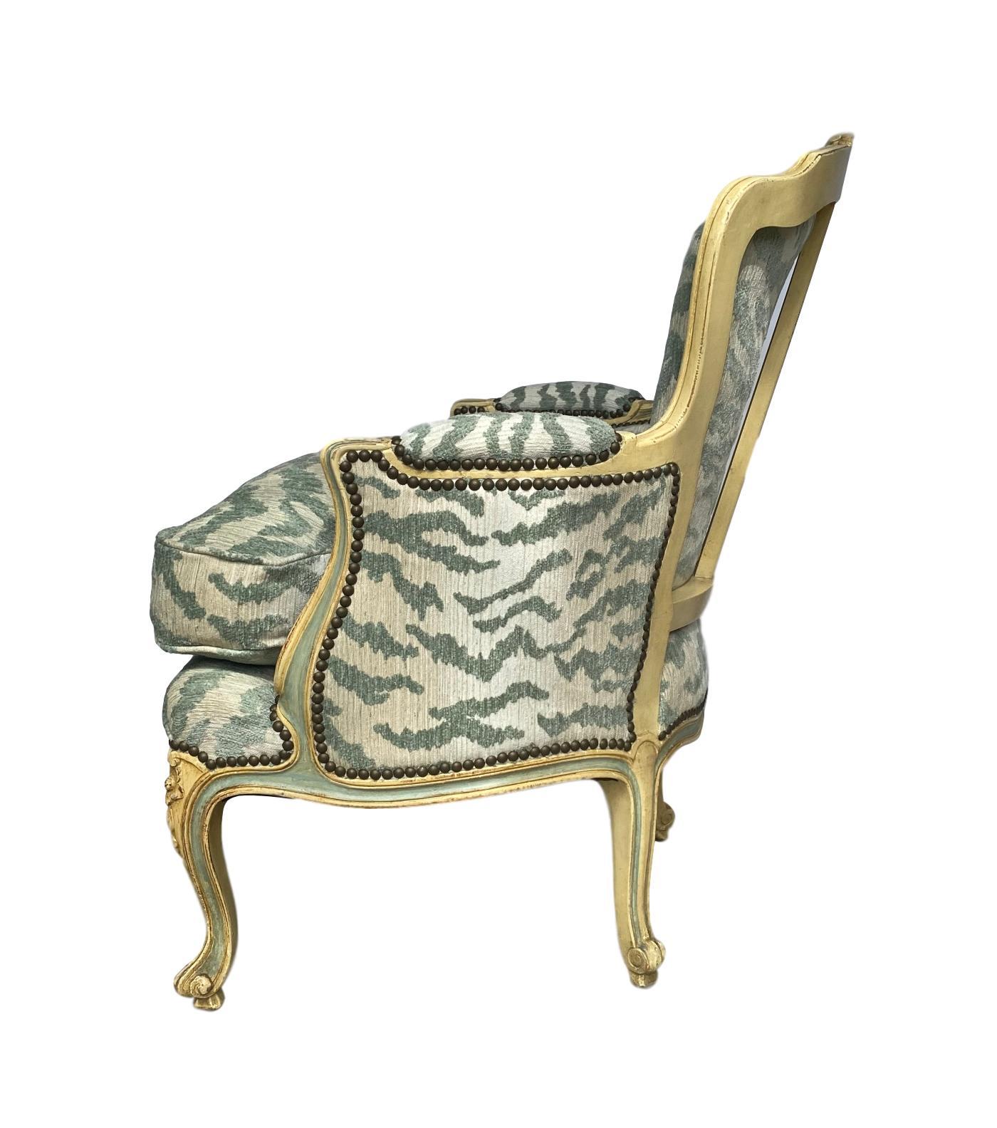 Louis XV French Bergère Chair, Carved and Painted in Ivory and Celadon Newly Upholstered