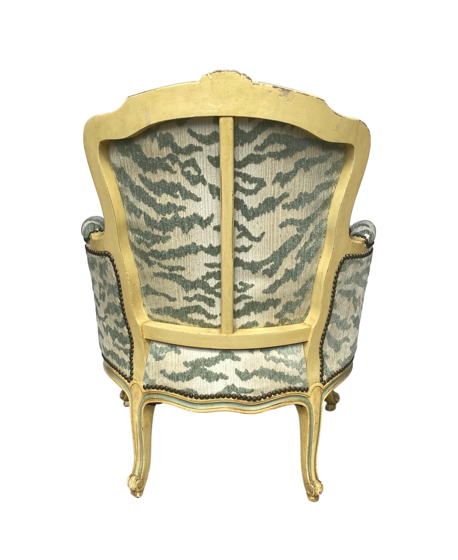 20th Century French Bergère Chair, Carved and Painted in Ivory and Celadon Newly Upholstered