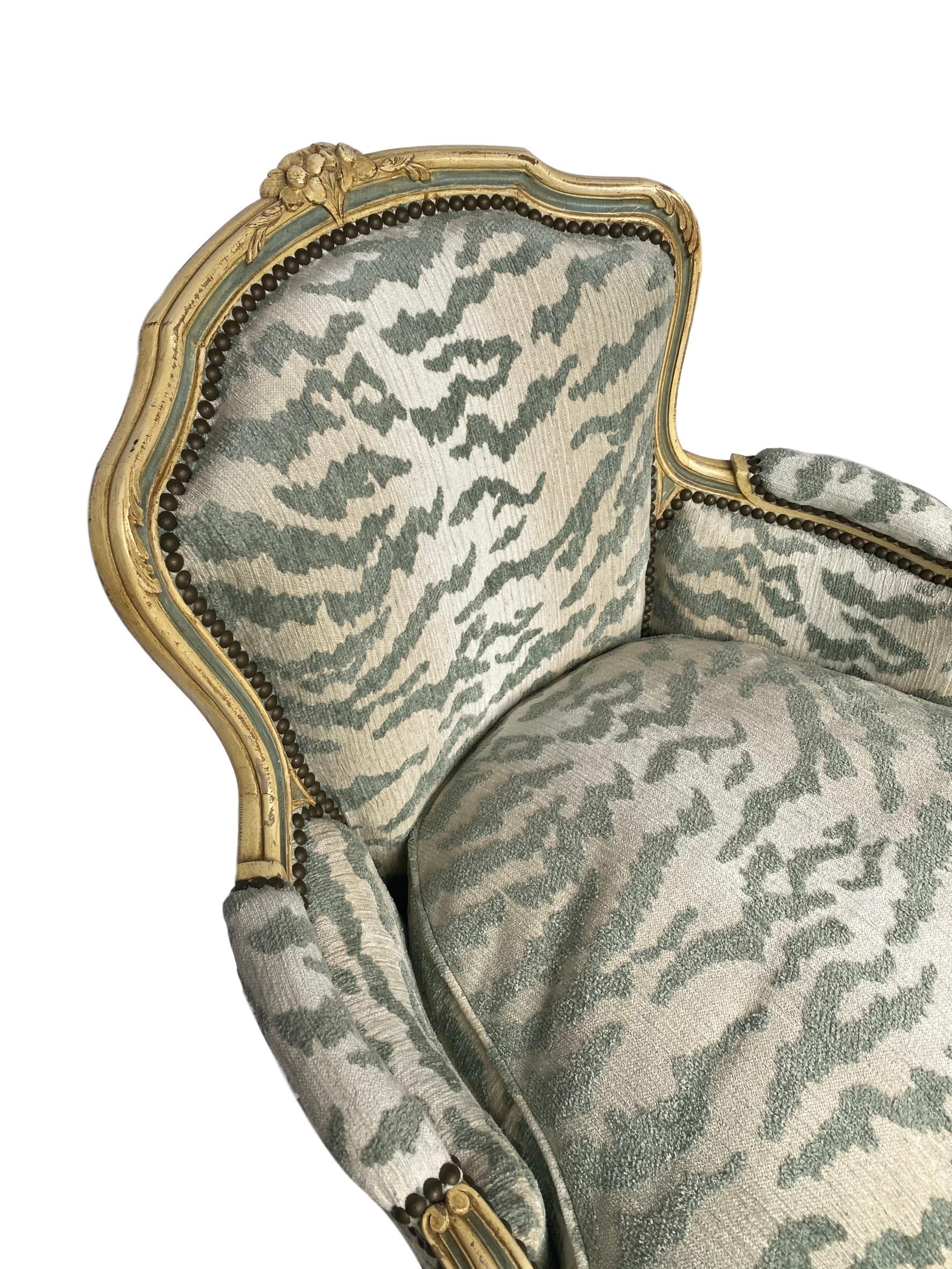 Beech French Bergère Chair, Carved and Painted in Ivory and Celadon Newly Upholstered