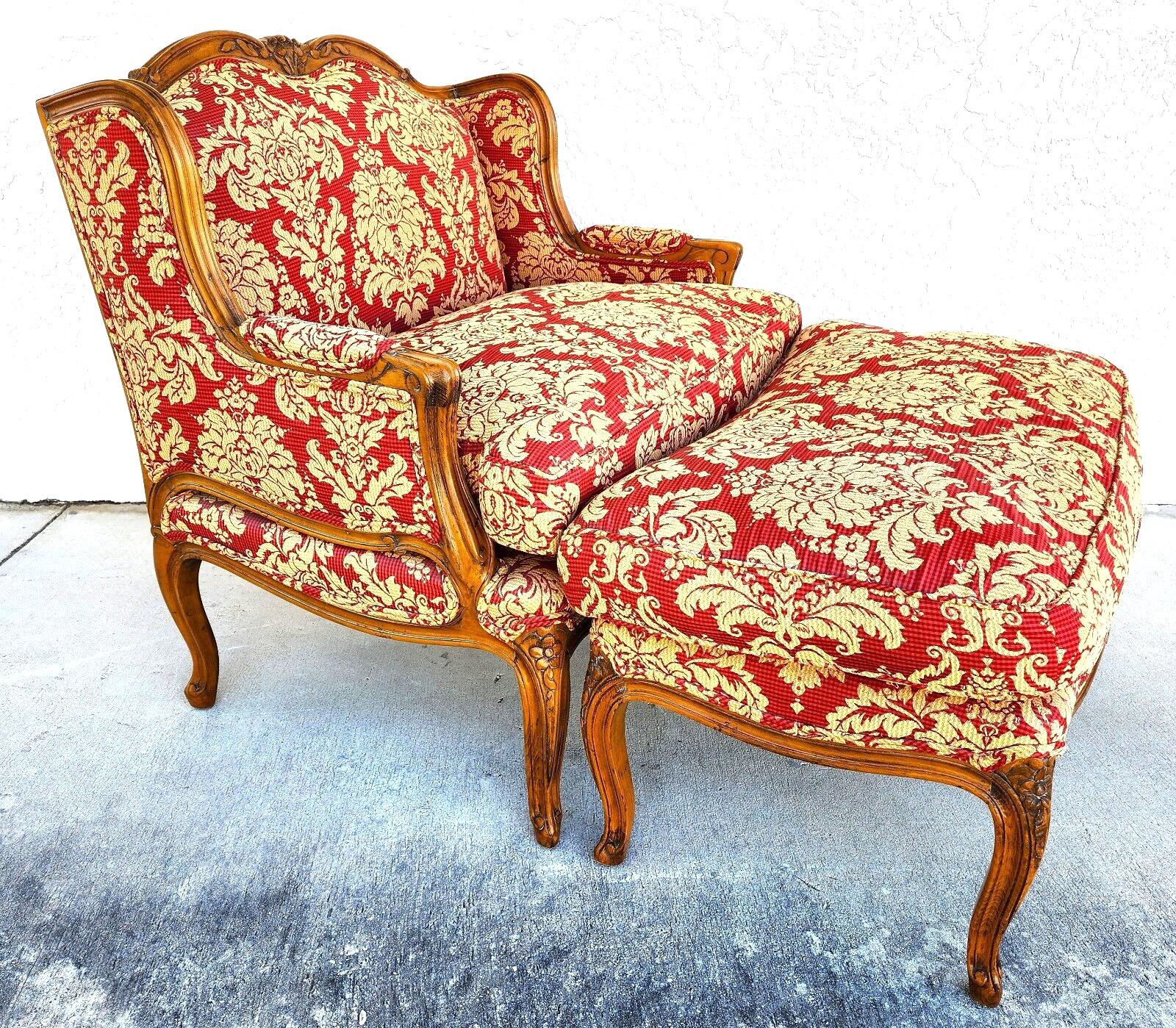 For FULL item description click on CONTINUE READING at the bottom of this page.

Offering One Of Our Recent Palm Beach Estate Fine Furniture Acquisitions Of An
Oversized French Bergere Chair & Ottoman 
Featuring heavy cotton fabric, carved walnut