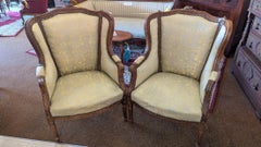 French Bergere Chair Pair, Walnut & Brocade, Early 20th Century