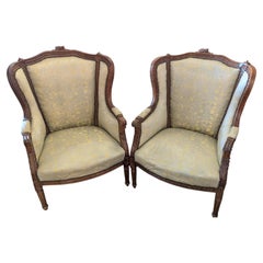 French Bergere Chair Pair, Walnut & Brocade, Early 20th Century