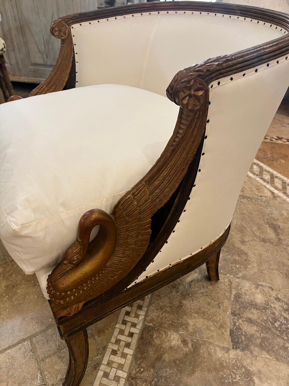 Empire Revival French Bergere Chair with Gilt Carved Swans