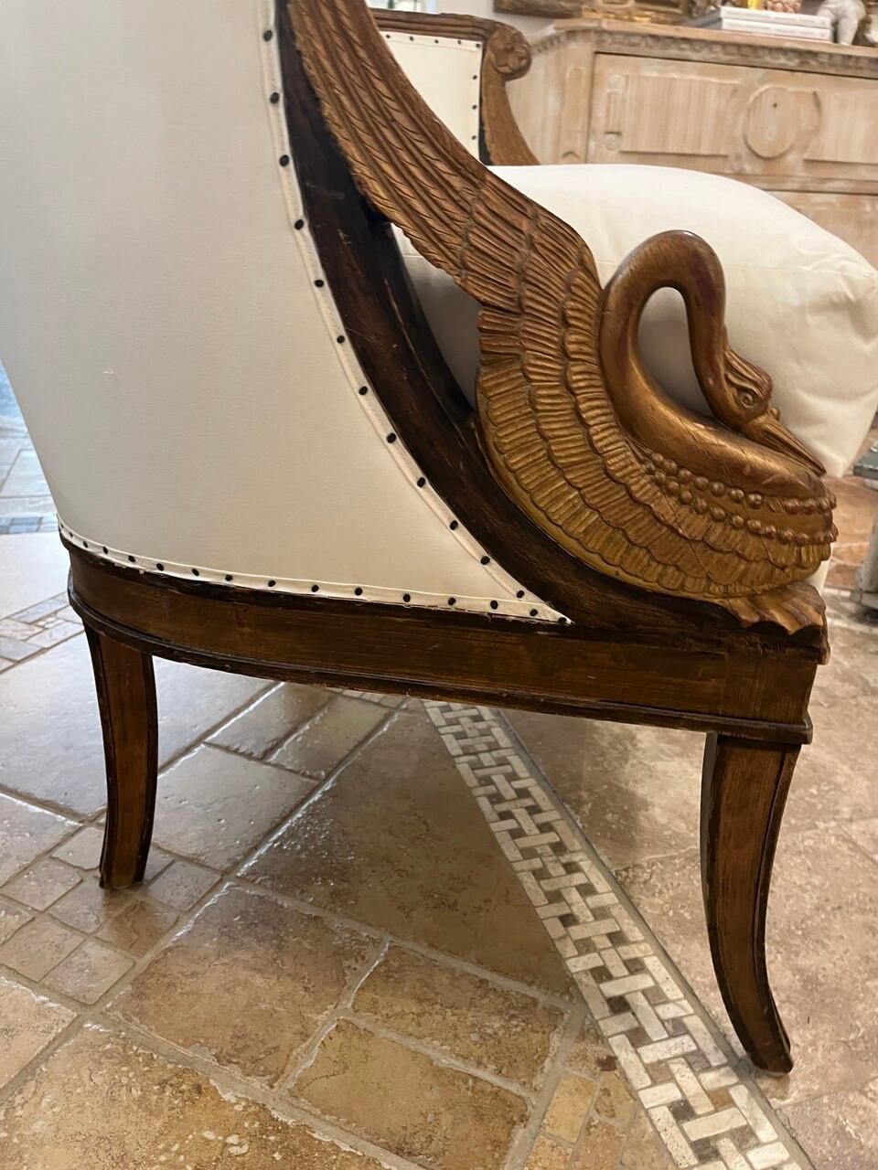 Hand-Carved French Bergere Chair with Gilt Carved Swans