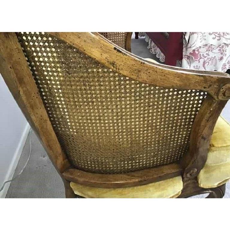 20th Century French Bergere Walnut Caned and Upholstered Chair in Mustard Velvet For Sale