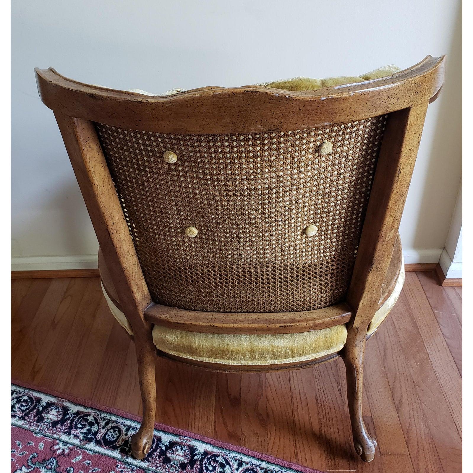 Upholstery French Bergere Walnut Caned and Upholstered Chair in Mustard Velvet For Sale