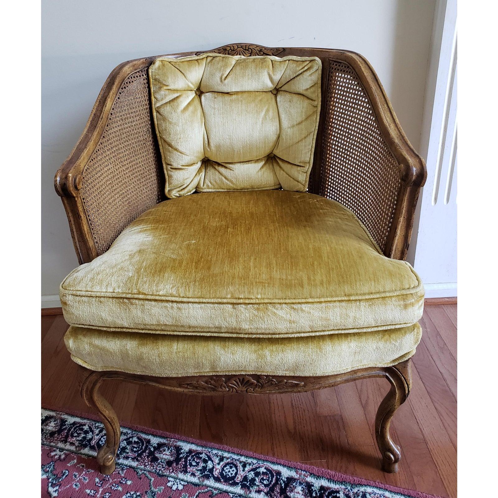 French Bergere Walnut Caned and Upholstered Chair in Mustard Velvet For Sale 1