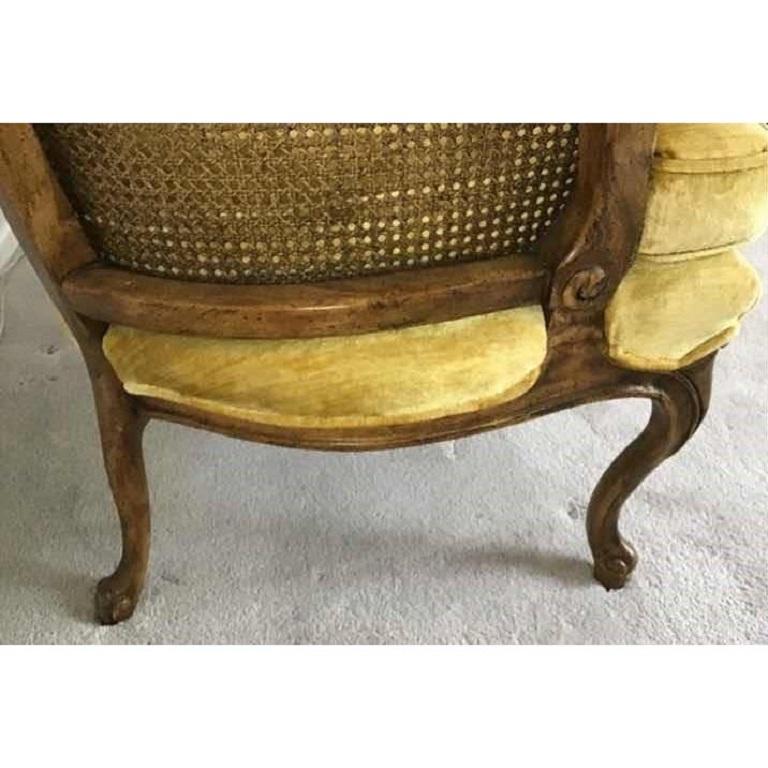Caning French Bergere Walnut Caned and Upholstered Chair in Mustard Velvet For Sale