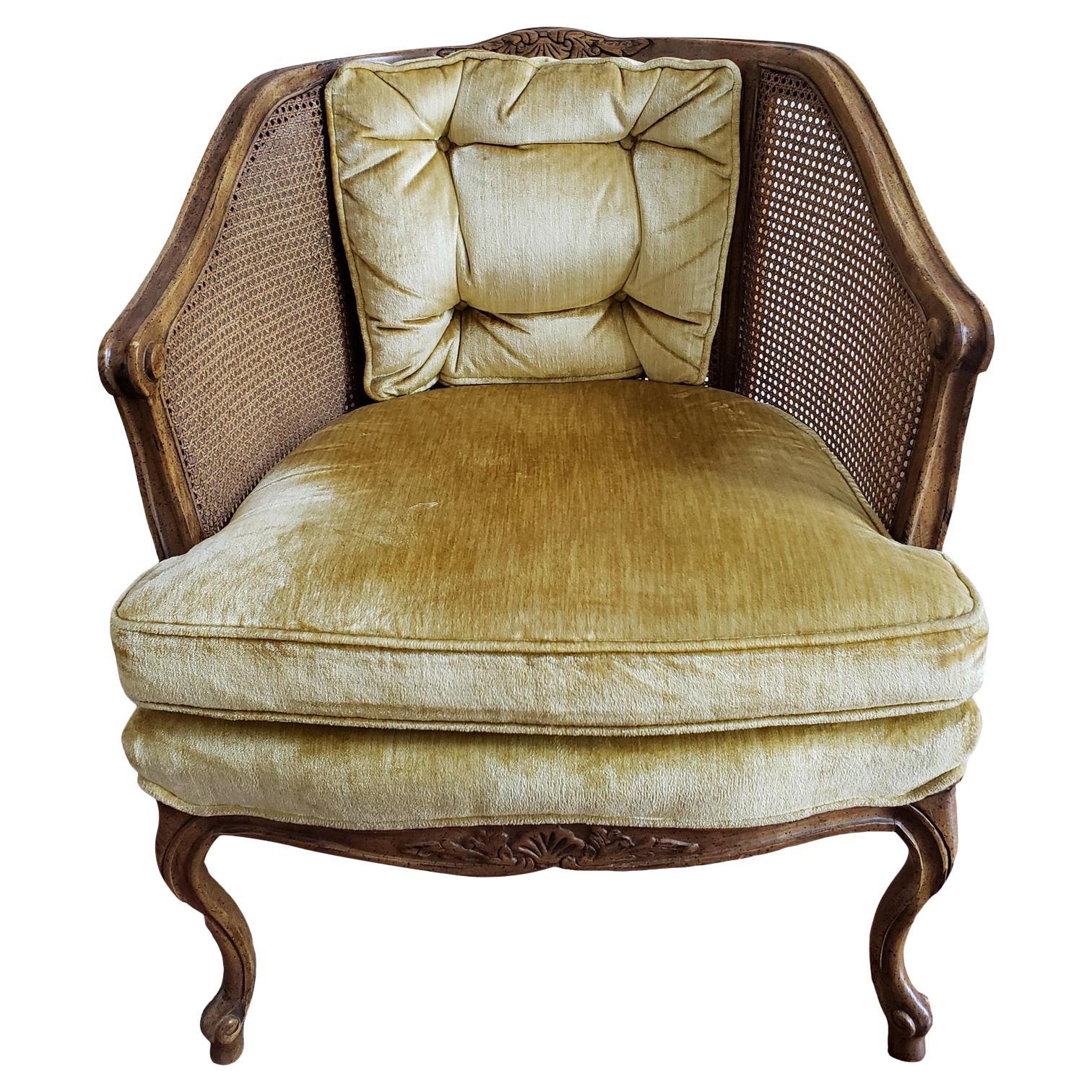 French Bergere Walnut Caned and Upholstered Chair in Mustard Velvet