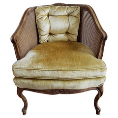 Vintage French Bergere Walnut Caned and Upholstered Chair in Mustard Velvet
