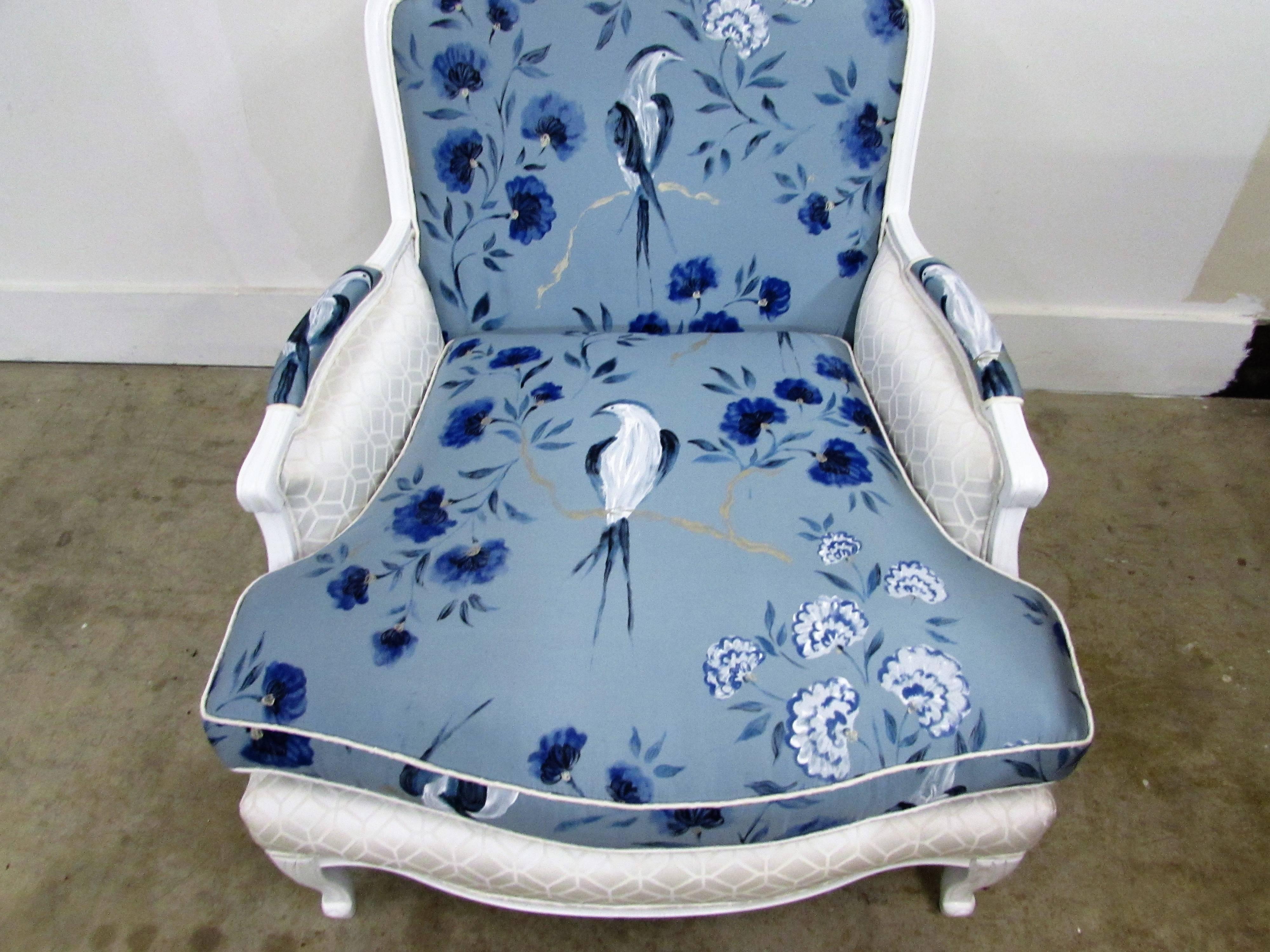 Pair of French Bergère Armchairs in White Lacquer and Designers Guild Jacaranda For Sale 2