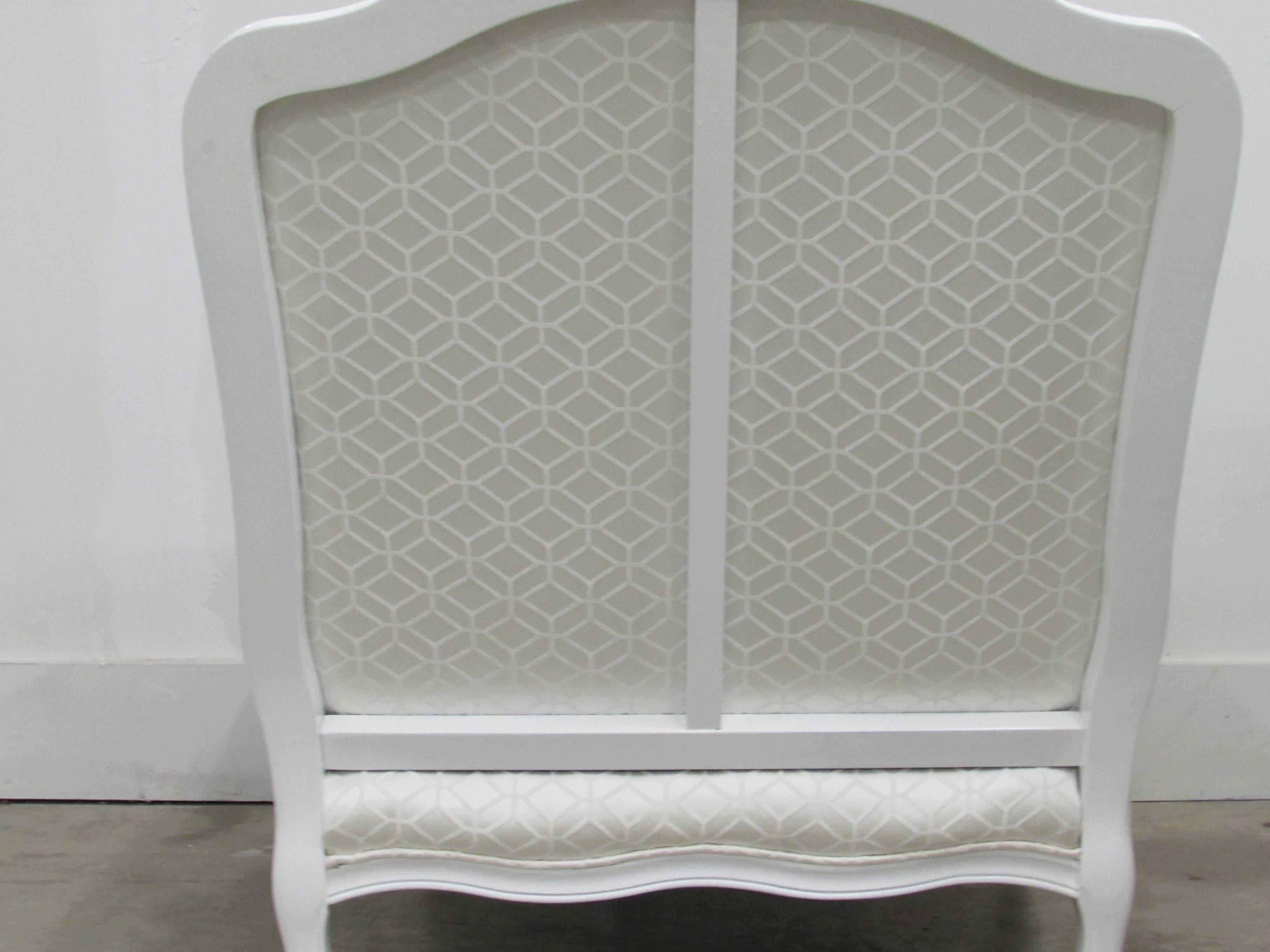Lacquered Pair of French Bergère Armchairs in White Lacquer and Designers Guild Jacaranda For Sale
