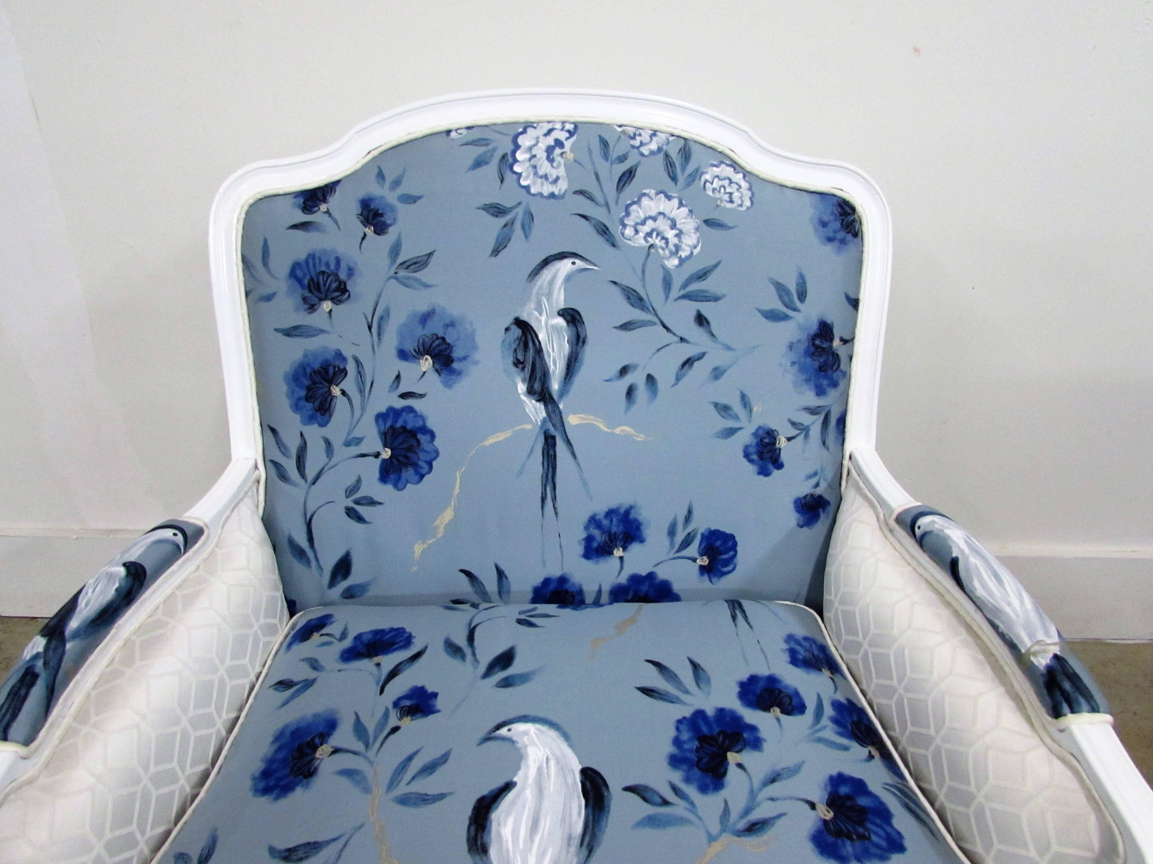 Silk Pair of French Bergère Armchairs in White Lacquer and Designers Guild Jacaranda For Sale