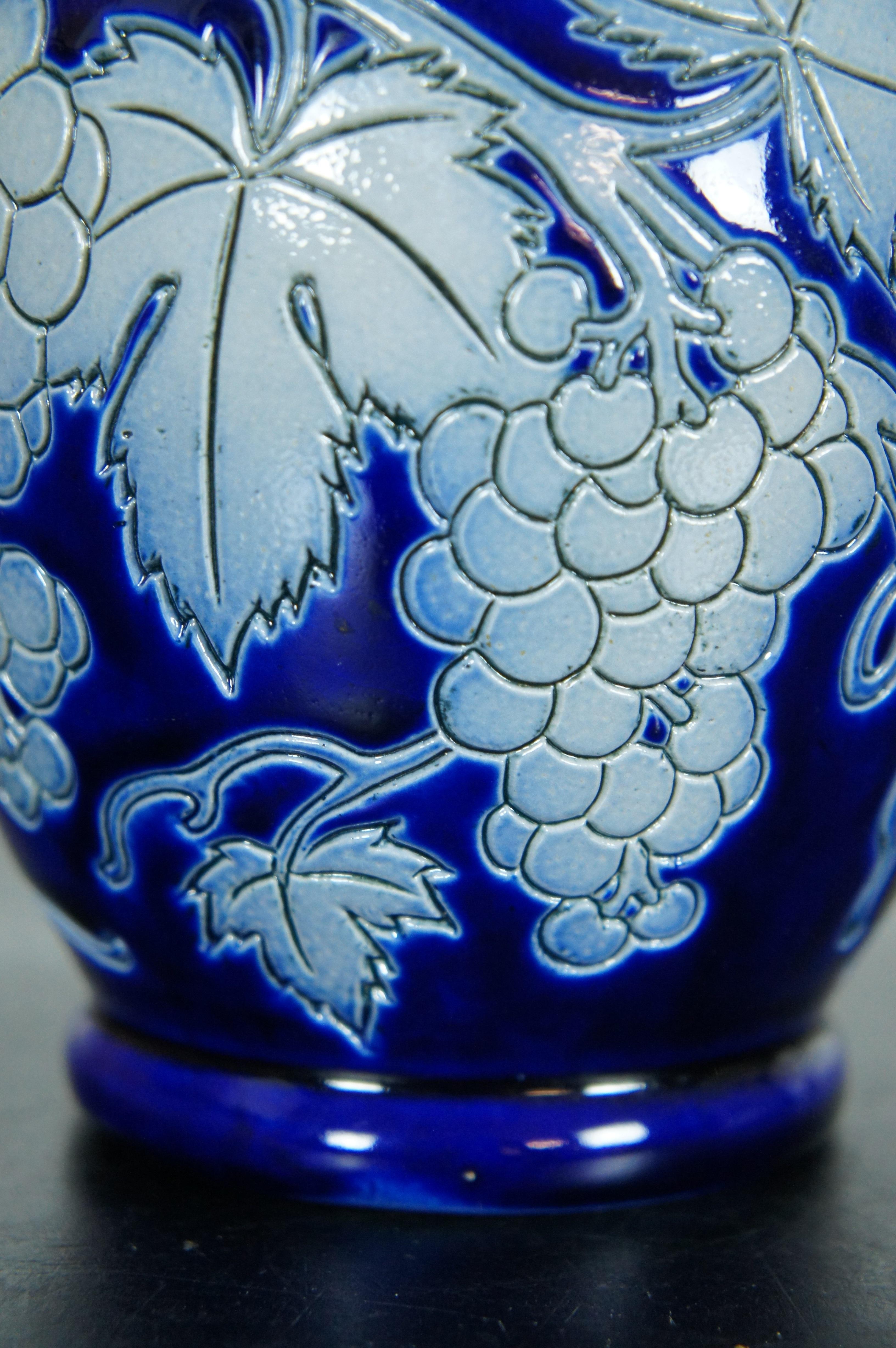 French Betschdorf Cobalt Blue Salt Glaze Stoneware Grapevine Pitcher Wine Jug 7