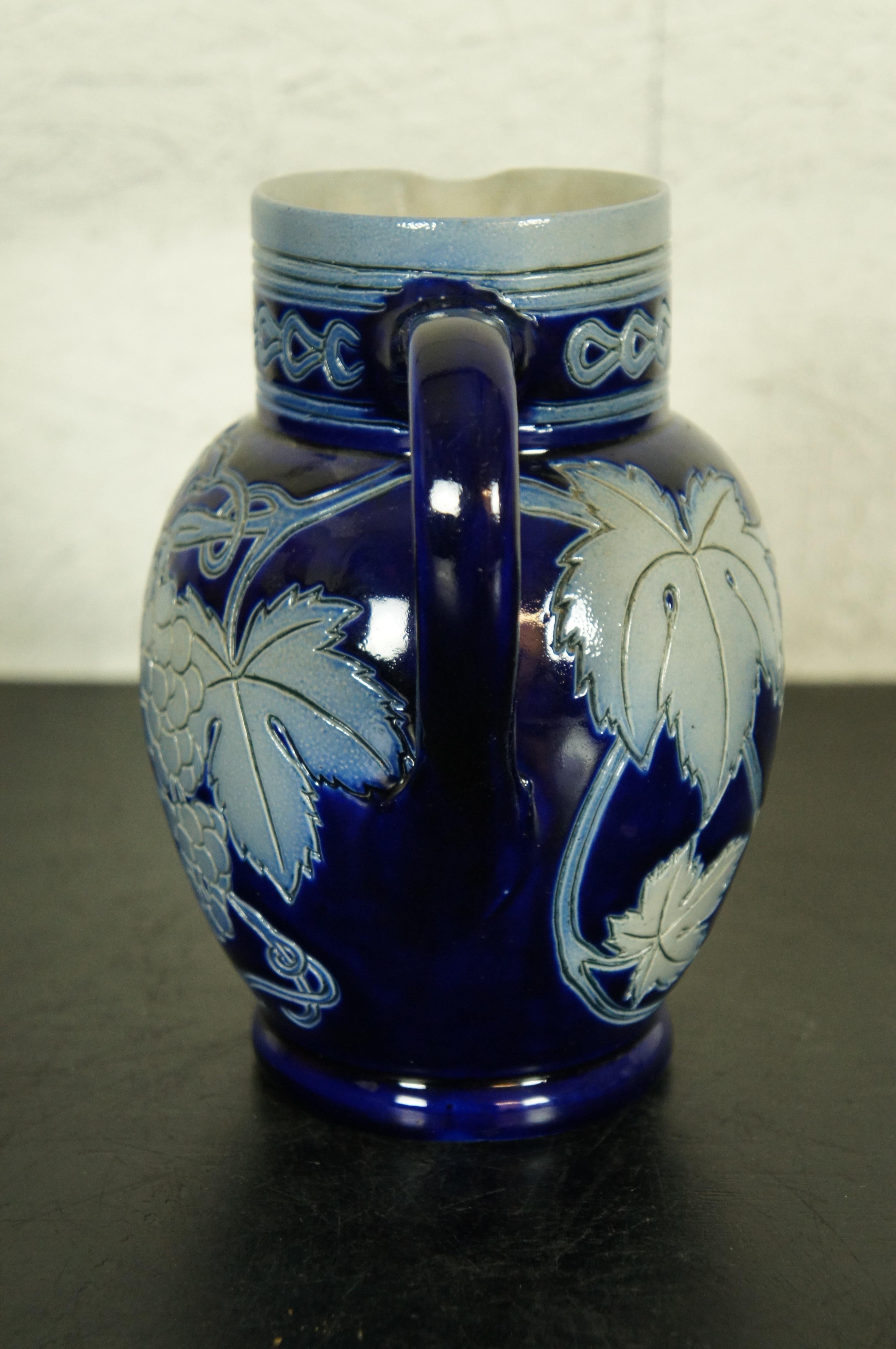 20th Century French Betschdorf Cobalt Blue Salt Glaze Stoneware Grapevine Pitcher Wine Jug 7