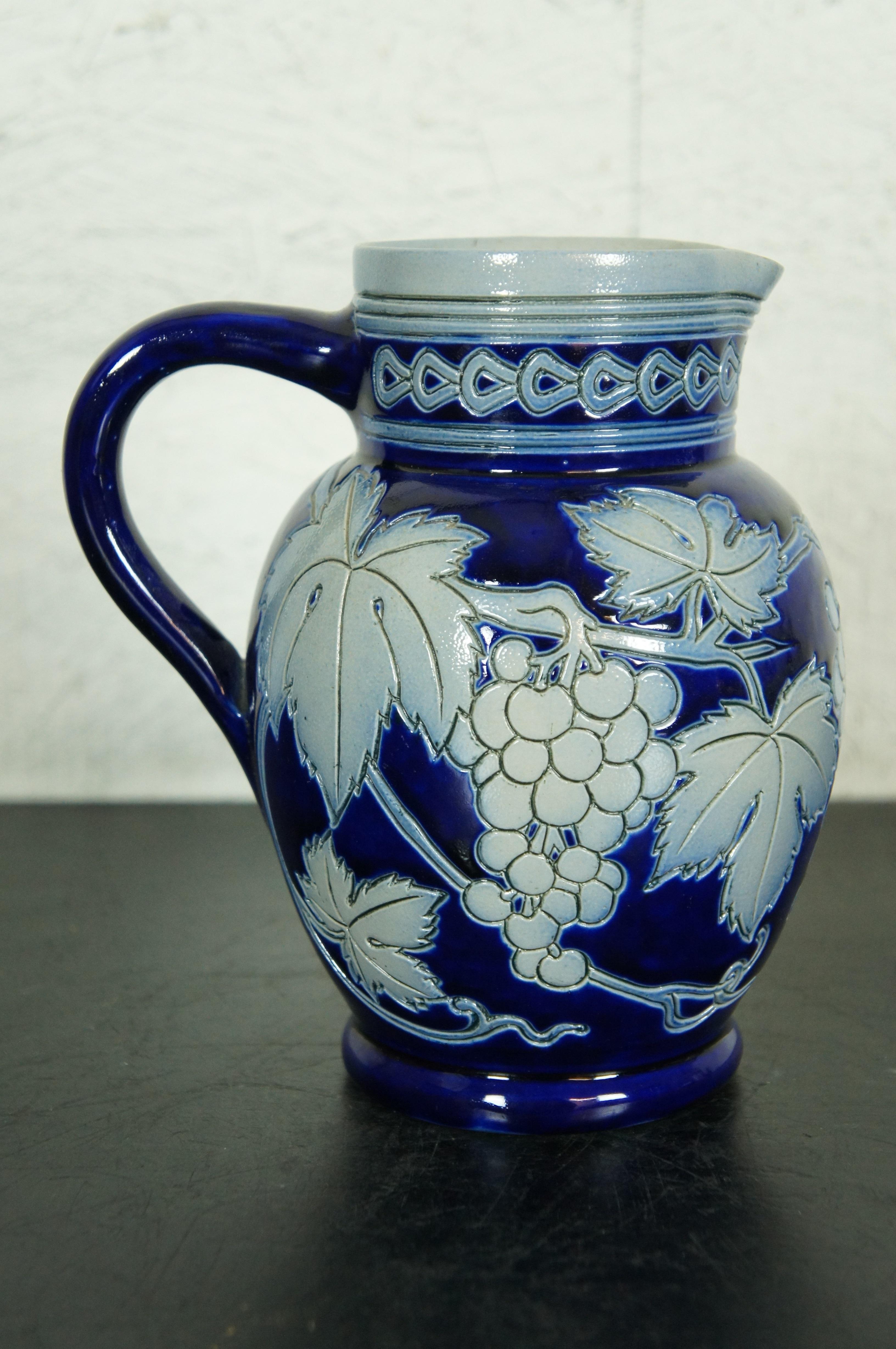 French Betschdorf Cobalt Blue Salt Glaze Stoneware Grapevine Pitcher Wine Jug 7