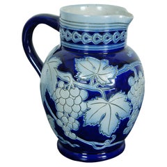 Antique French Betschdorf Cobalt Blue Salt Glaze Stoneware Grapevine Pitcher Wine Jug 7"