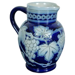 French Betschdorf Cobalt Blue Salt Glaze Stoneware Grapevine Pitcher Wine Jug 7"