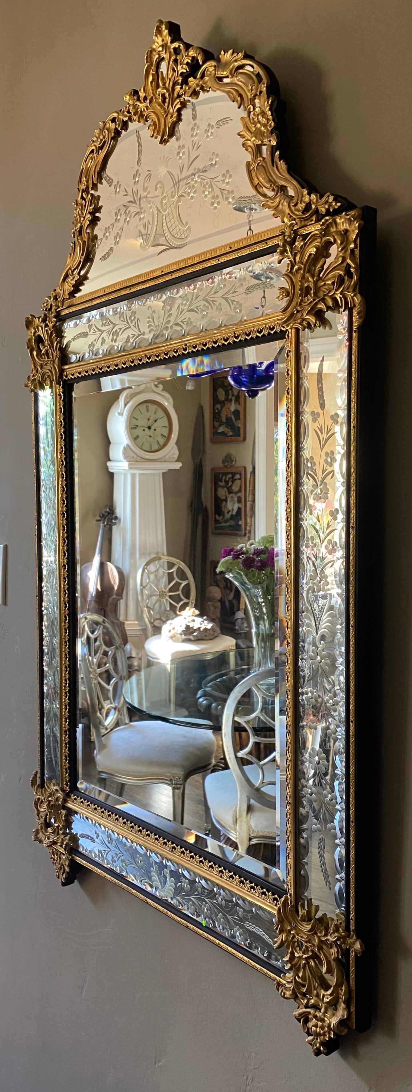 Louis XVI French Beveled and Etched Glass Mirror with Brass Overlay For Sale