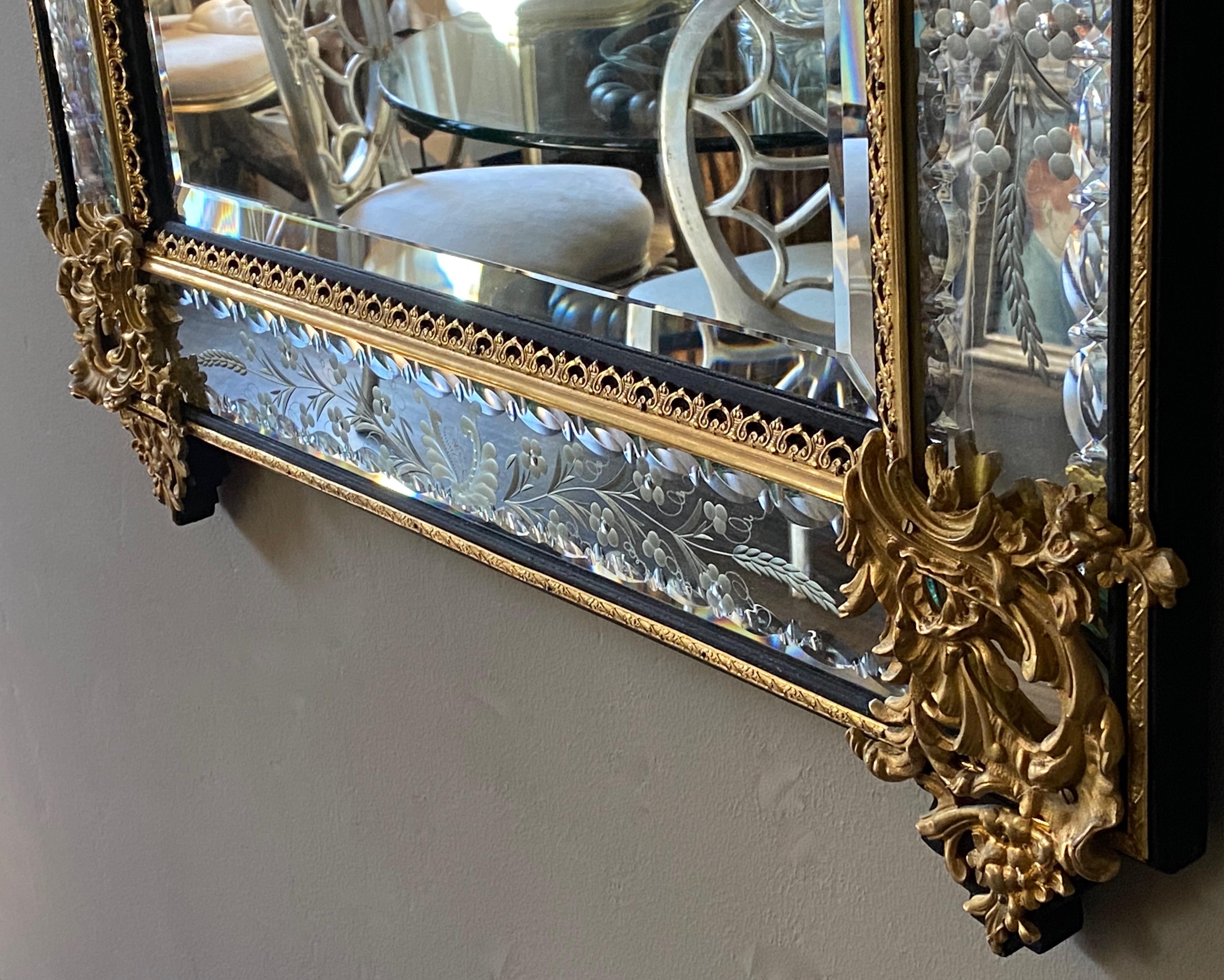 20th Century French Beveled and Etched Glass Mirror with Brass Overlay For Sale