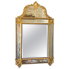 French Beveled and Etched Glass Mirror with Brass Overlay