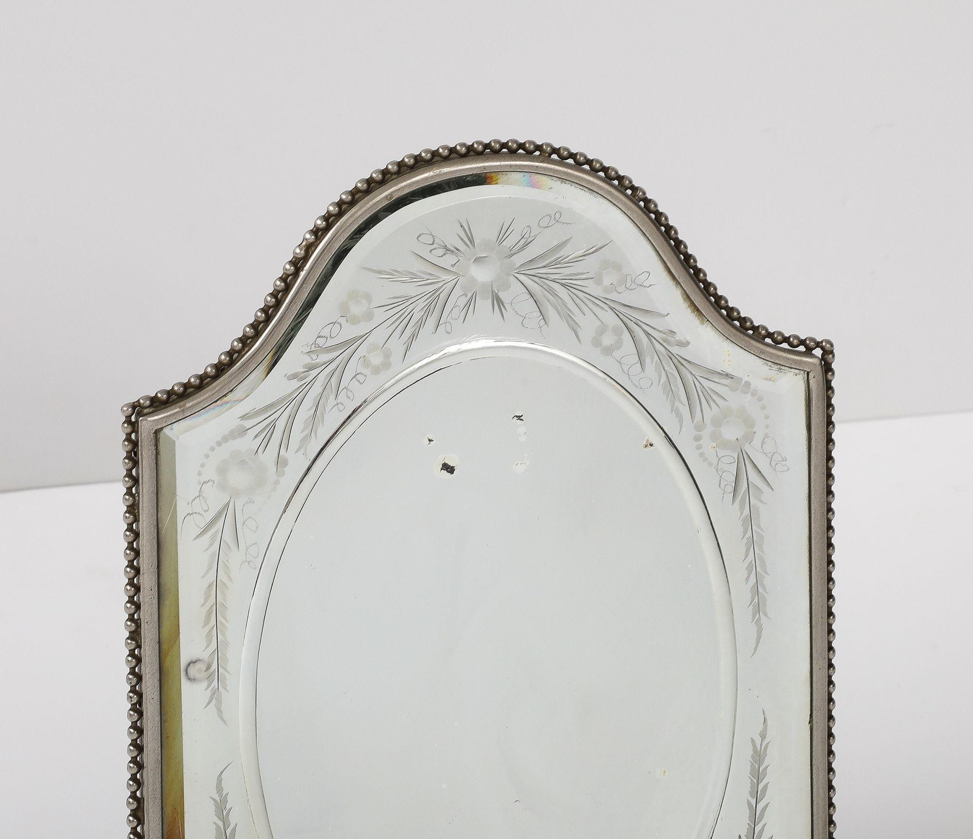 French Beveled and Etched Vanity / Table Mirror in Silver Plated Beaded Frame In Good Condition For Sale In New York, NY