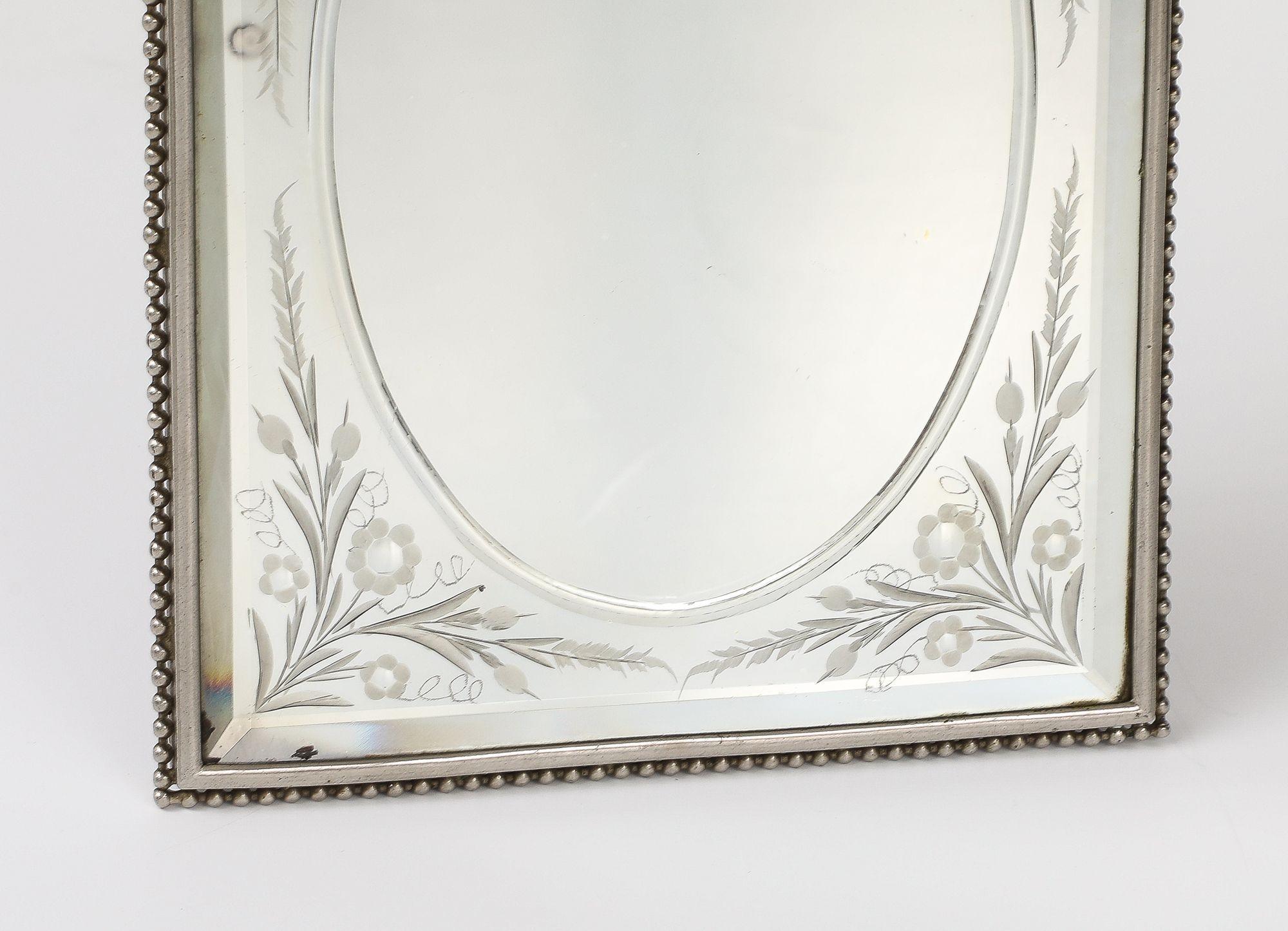 Early 20th Century French Beveled and Etched Vanity / Table Mirror in Silver Plated Beaded Frame For Sale
