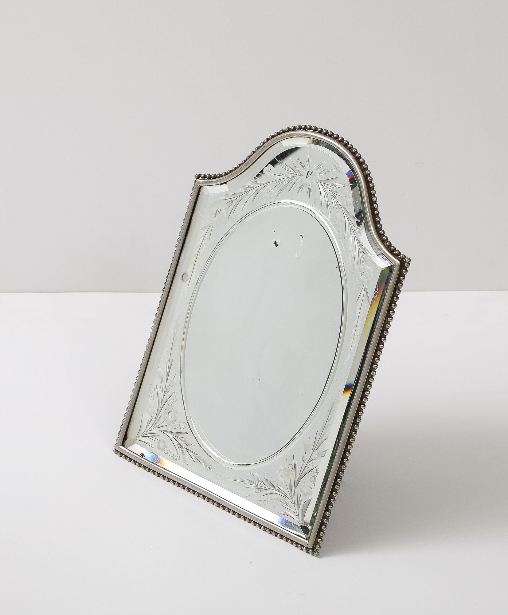 French Beveled and Etched Vanity / Table Mirror in Silver Plated Beaded Frame For Sale 1