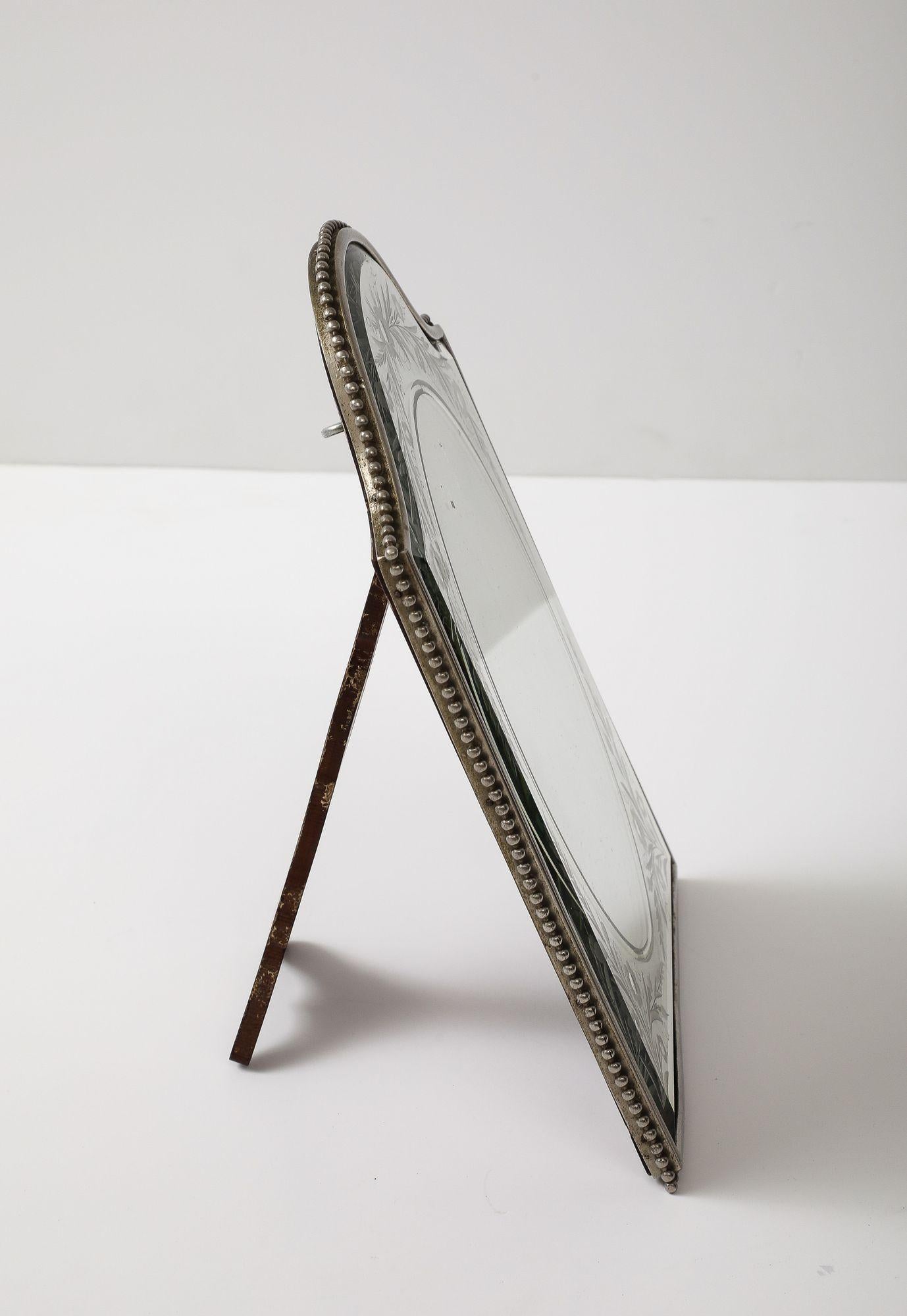 French Beveled and Etched Vanity / Table Mirror in Silver Plated Beaded Frame For Sale 4