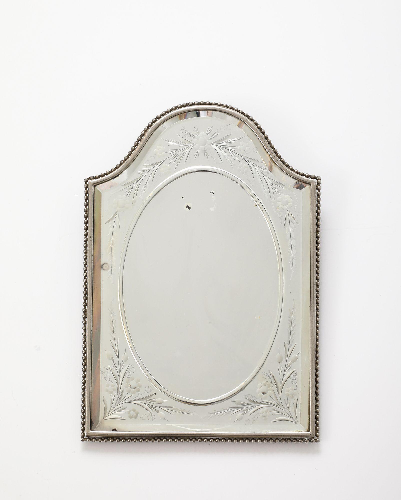 French Beveled and Etched Vanity / Table Mirror in Silver Plated Beaded Frame For Sale 5