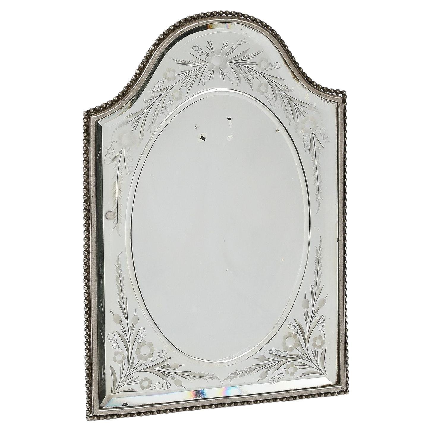 French Beveled and Etched Vanity / Table Mirror in Silver Plated Beaded Frame