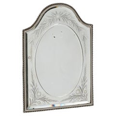 French Beveled and Etched Vanity / Table Mirror in Silver Plated Beaded Frame